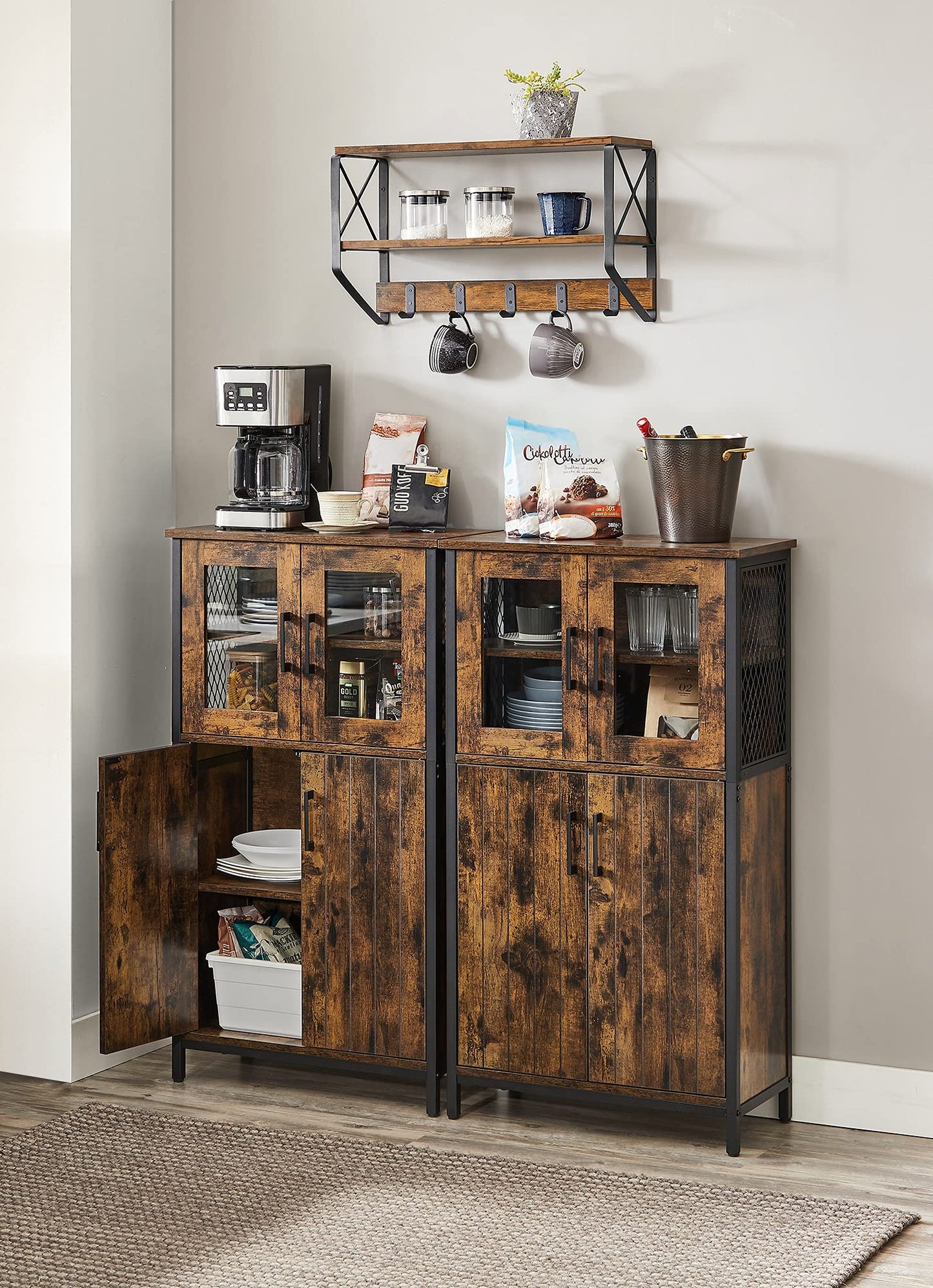 VASAGLE Armario Almacenaje, Armario Aparador, Estante Ajustable, Armario de Baño, Estructura de Acero, para Salón Cocina, Estilo Industrial, Marrón Rústico y Negro LSC260B01