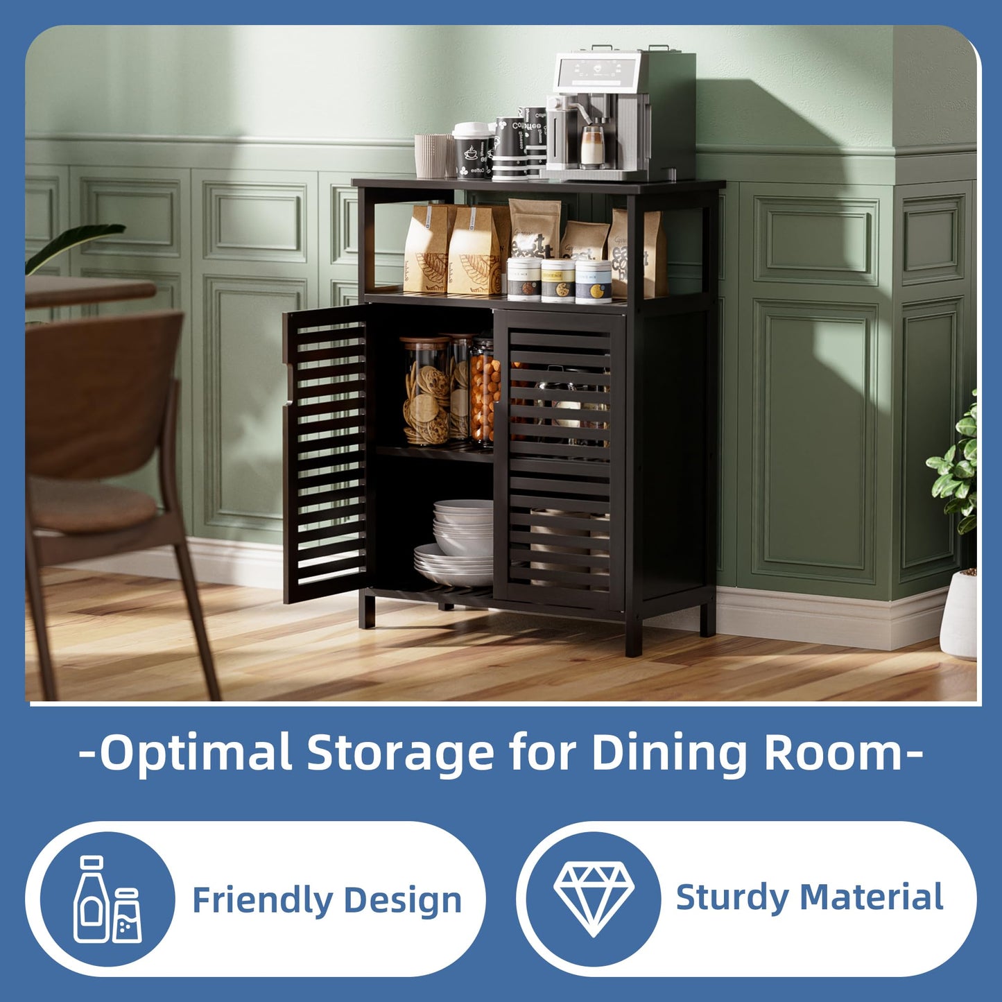 HITNET Mueble Baño de Bambú Madera, Organizador de Almacenamiento Lateral Independiente, Armario de Cocina Pequeño con 2 Puertas y Estante Abierto, Negro