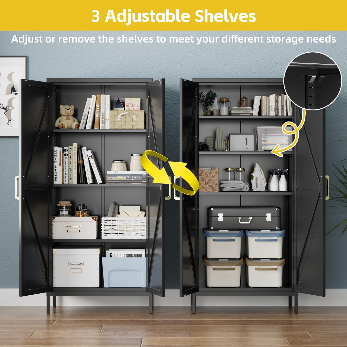 SUPEER Armario Metálico Multiusos con 3 Estantes Regulables, Armario Cocina, Almacenaje, Aparador para Salón, Recibidor 155 x 70 x 35 cm (Negro)