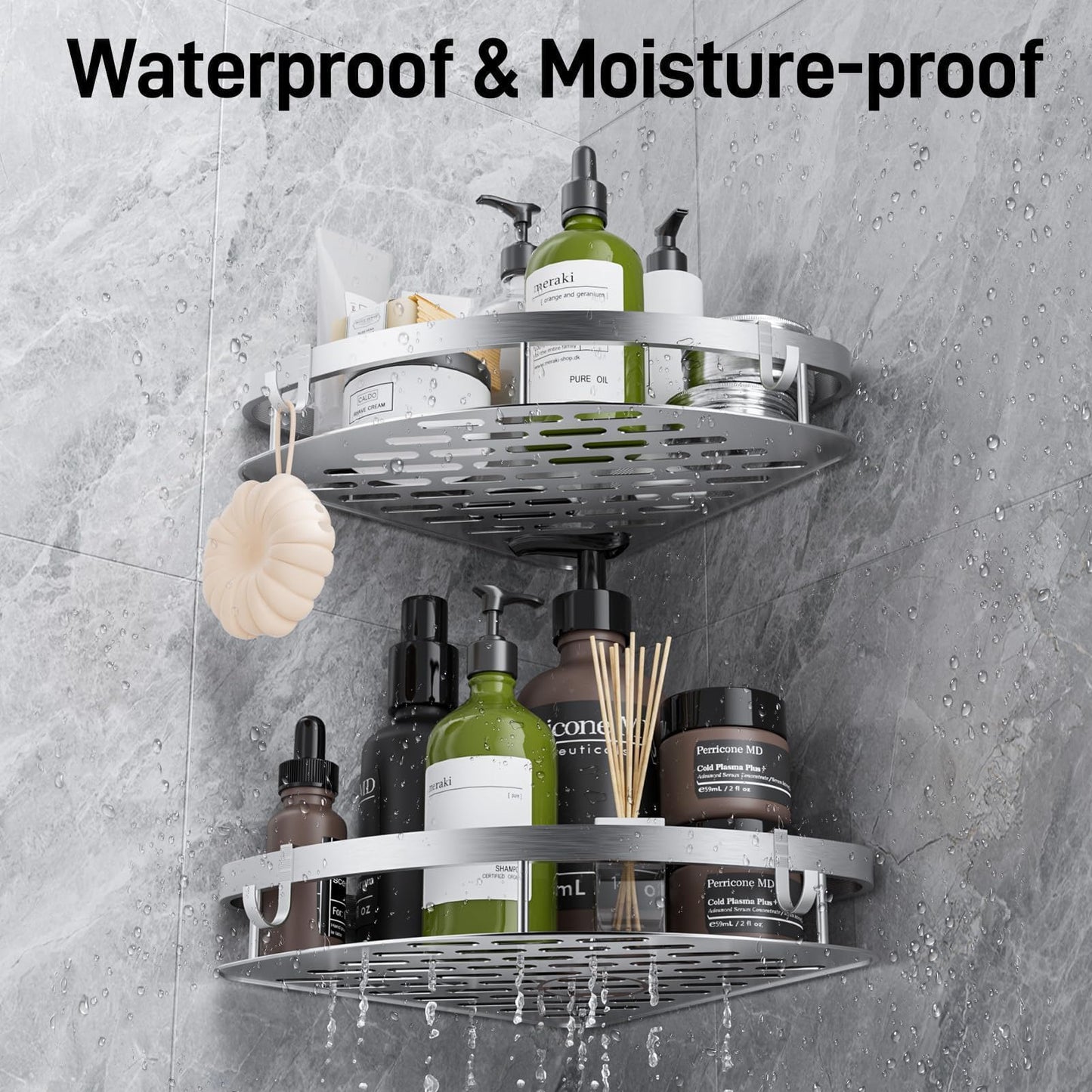 GlasFlength Pack 2 Estanterías Baño Sin Taladro con 4 Ganchos, Antioxidante, Plata