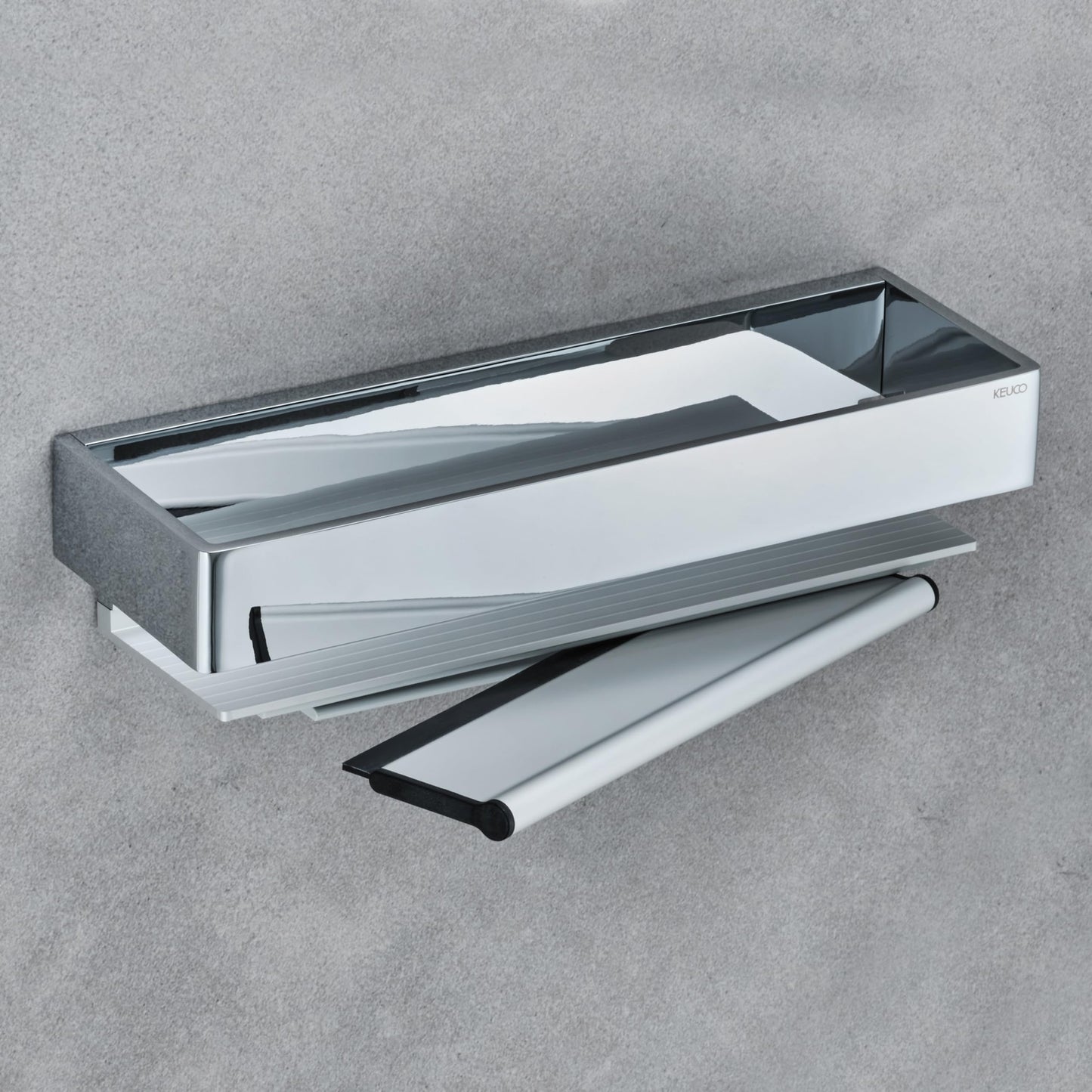 Keuco Cesta de ducha metal, gris plata y cromada de alto brillo, incl. limpiador de cristales, blanco, 9,5 x 30 x 8,2 cm, montaje en la pared en la ducha, repisa para ducha, Edition 11