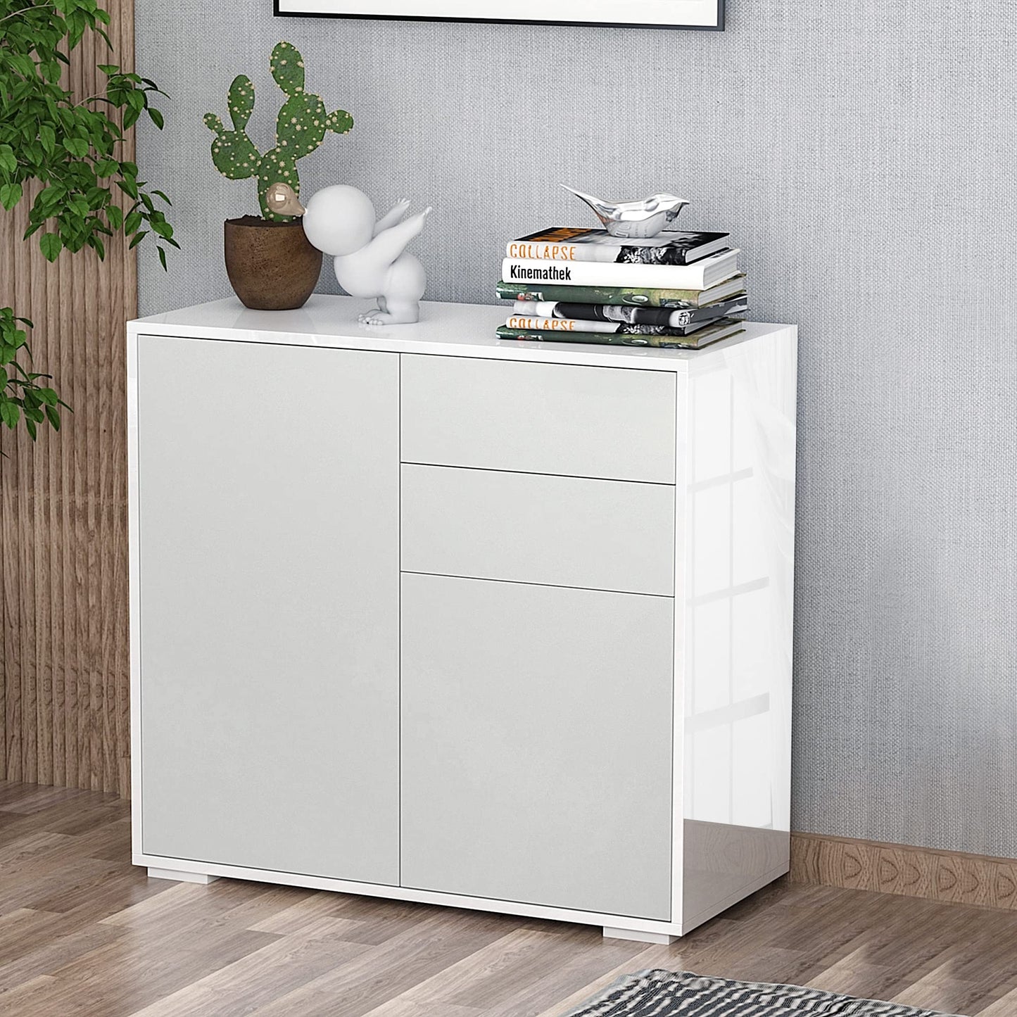 HOMCOM Aparador para Cocina con 2 Puertas 2 Cajones Marco de Blanco Brillante Estante Ajustable Apertura a Presión Armario de Almacenamiento para Dormitorio Salón 79x36x74 cm Blanco