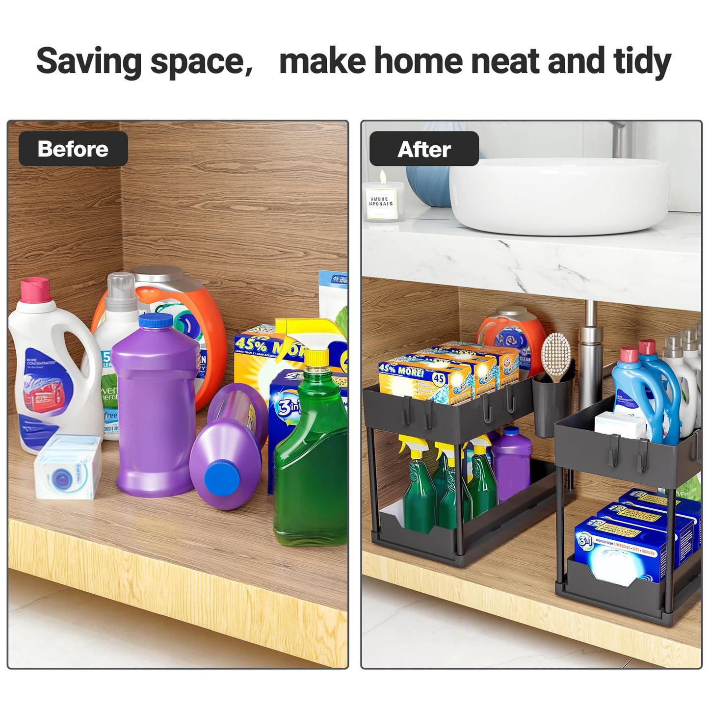 Puricon Estantería Bajo Fregadero con Cajón Deslizante y Ganchos, Organizador para Cocina y Lavabo, Negro