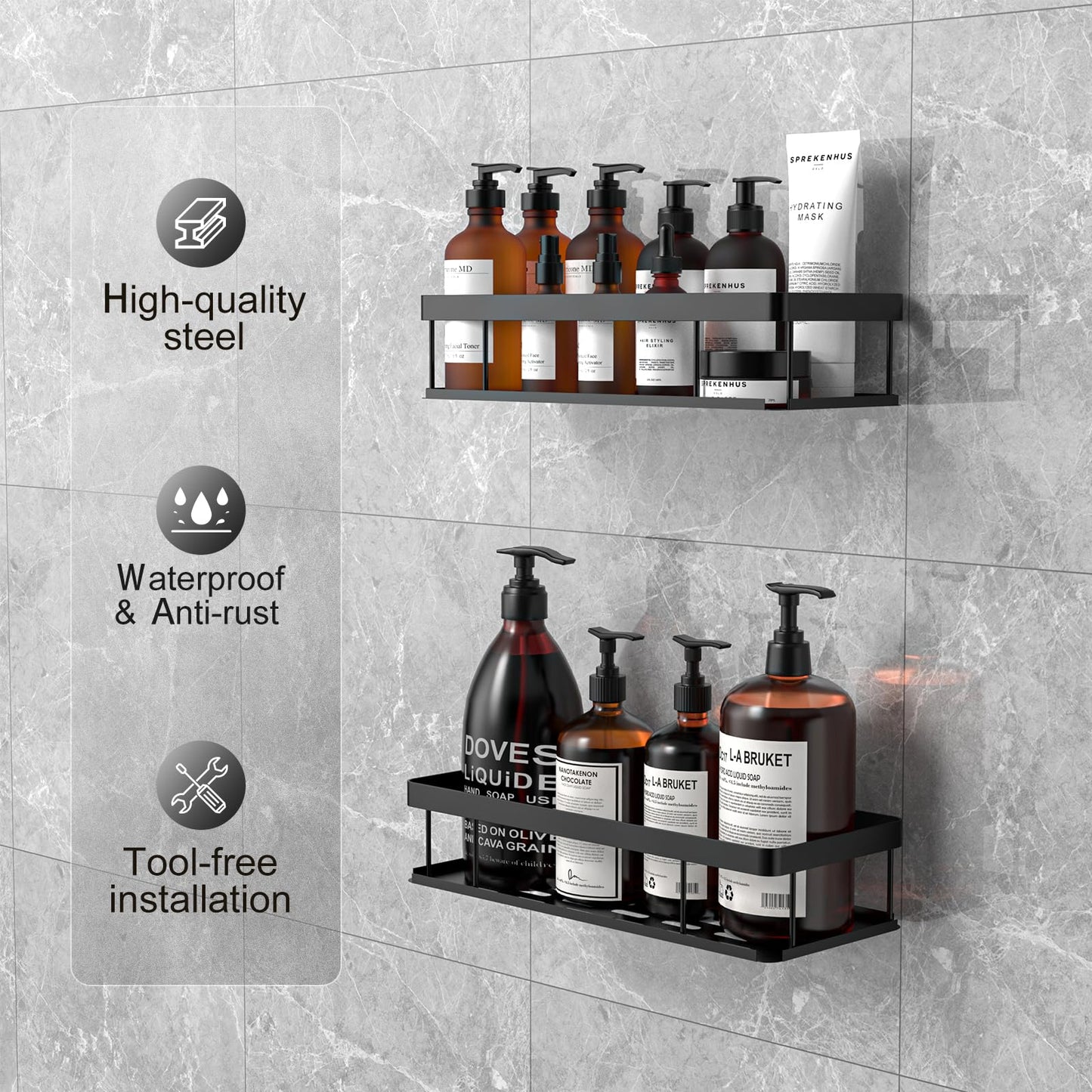 UUlioyer 2 Piezas Estantería Baño Ducha Sin Taladro, Resistente al Agua y Óxido, Negro