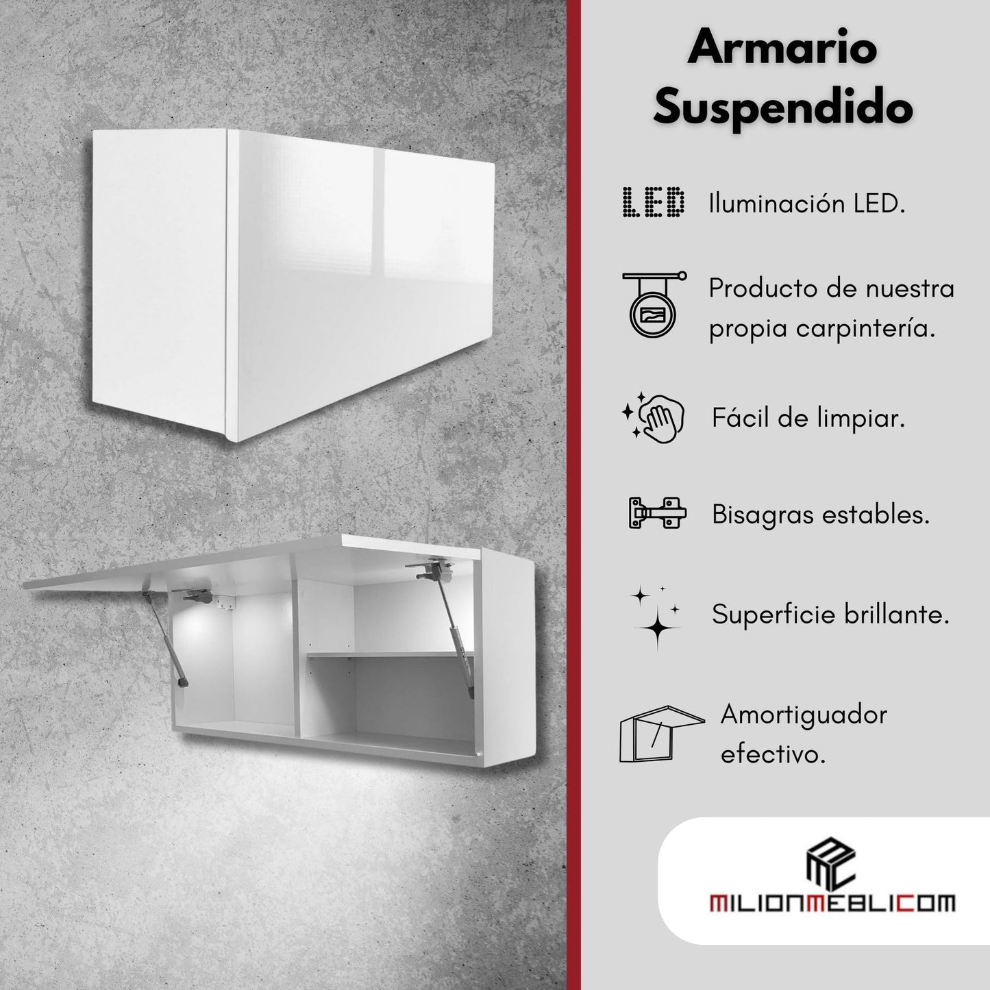Milionmeblicom Armario Suspendido De Baño Laura 80x30x23 cm Mueble Pared Colgar con Estante Cocina Blanco Brillante de Almacenamiento con Iluminación LED Moderno Mueble Auxiliar Espacioso