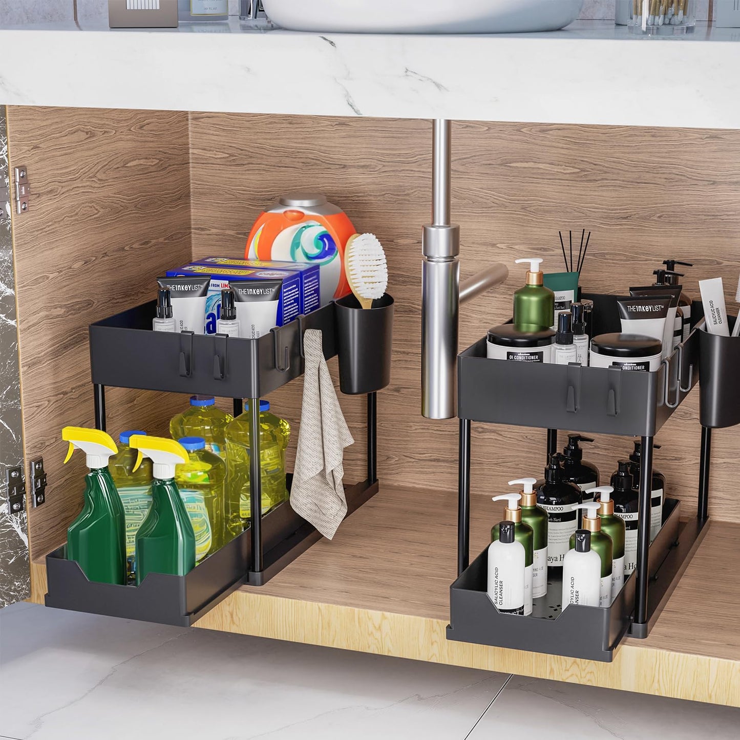Puricon Estantería Bajo Fregadero con Cajón Deslizante y Ganchos, Organizador para Cocina y Lavabo, Negro