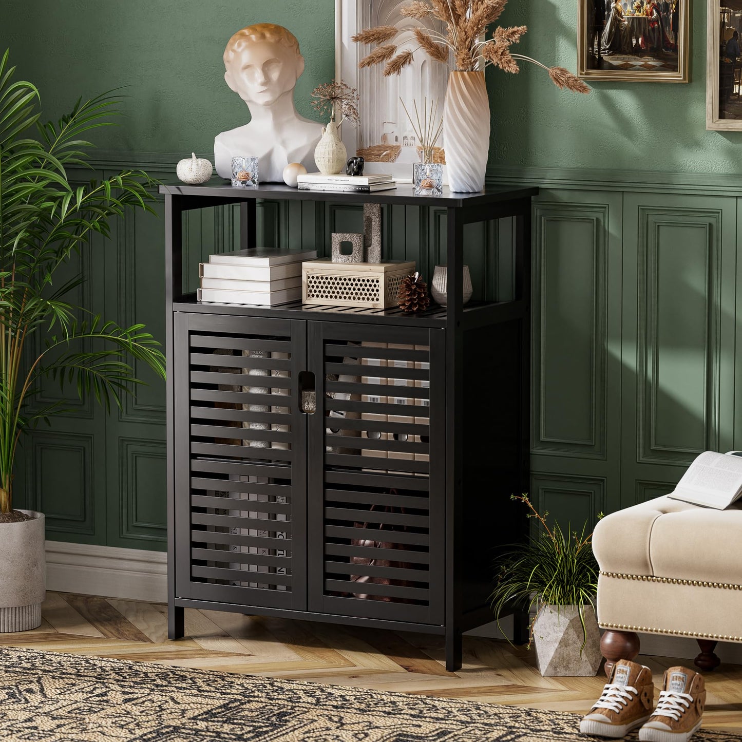 HITNET Mueble Baño de Bambú Madera, Organizador de Almacenamiento Lateral Independiente, Armario de Cocina Pequeño con 2 Puertas y Estante Abierto, Negro