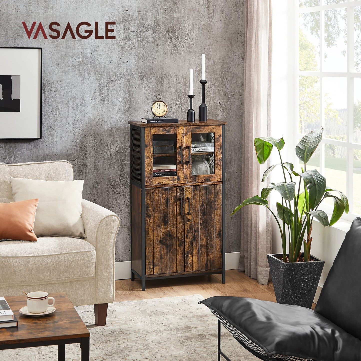 VASAGLE Armario Almacenaje, Armario Aparador, Estante Ajustable, Armario de Baño, Estructura de Acero, para Salón Cocina, Estilo Industrial, Marrón Rústico y Negro LSC260B01