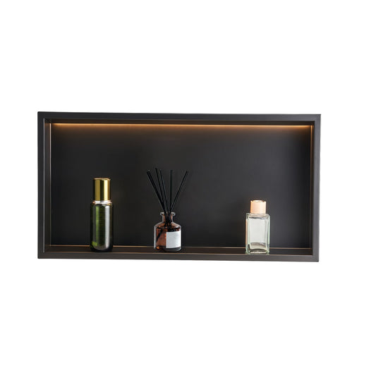 VEVOR Nicho de Ducha Empotrado 33x63,5x10,2 cm Estante Divisor de Pared de Acero Inoxidable Organizador de Jabón y Champú con Tira LED Sellado Impermeable Duradero Fácil de Instalar para Baño, Negro
