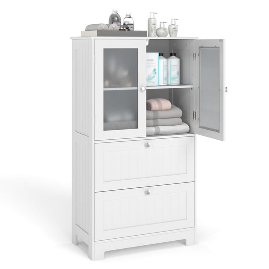 COSTWAY Mueble Baño de Suelo, Armario Baño con 2 Cajones y 2 Puertas de Cristal Esmerilado, Estante Ajustable de 3 Niveles, Armario de Almacenaje para Cocina Salon Comedor, 60 x 30 x 108 cm