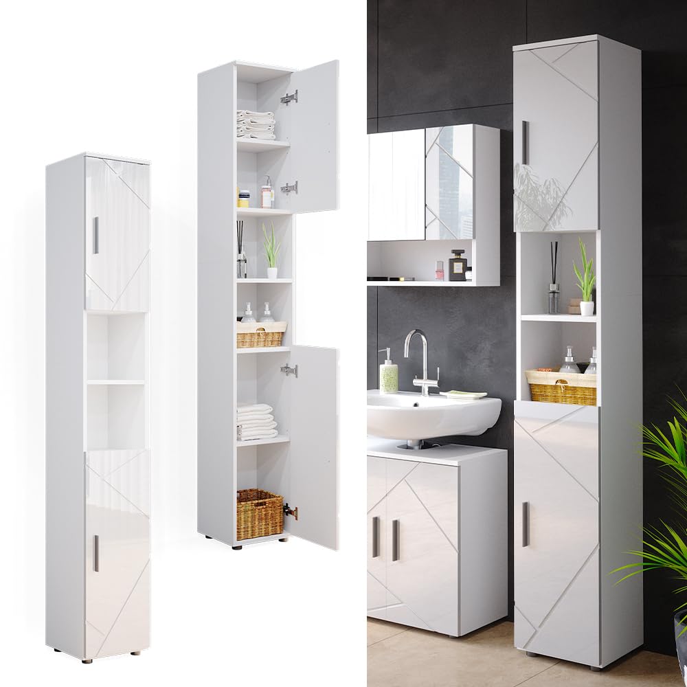 Vicco Armario de baño Irma, Blanco Alto Brillo, 30 x 192 cm