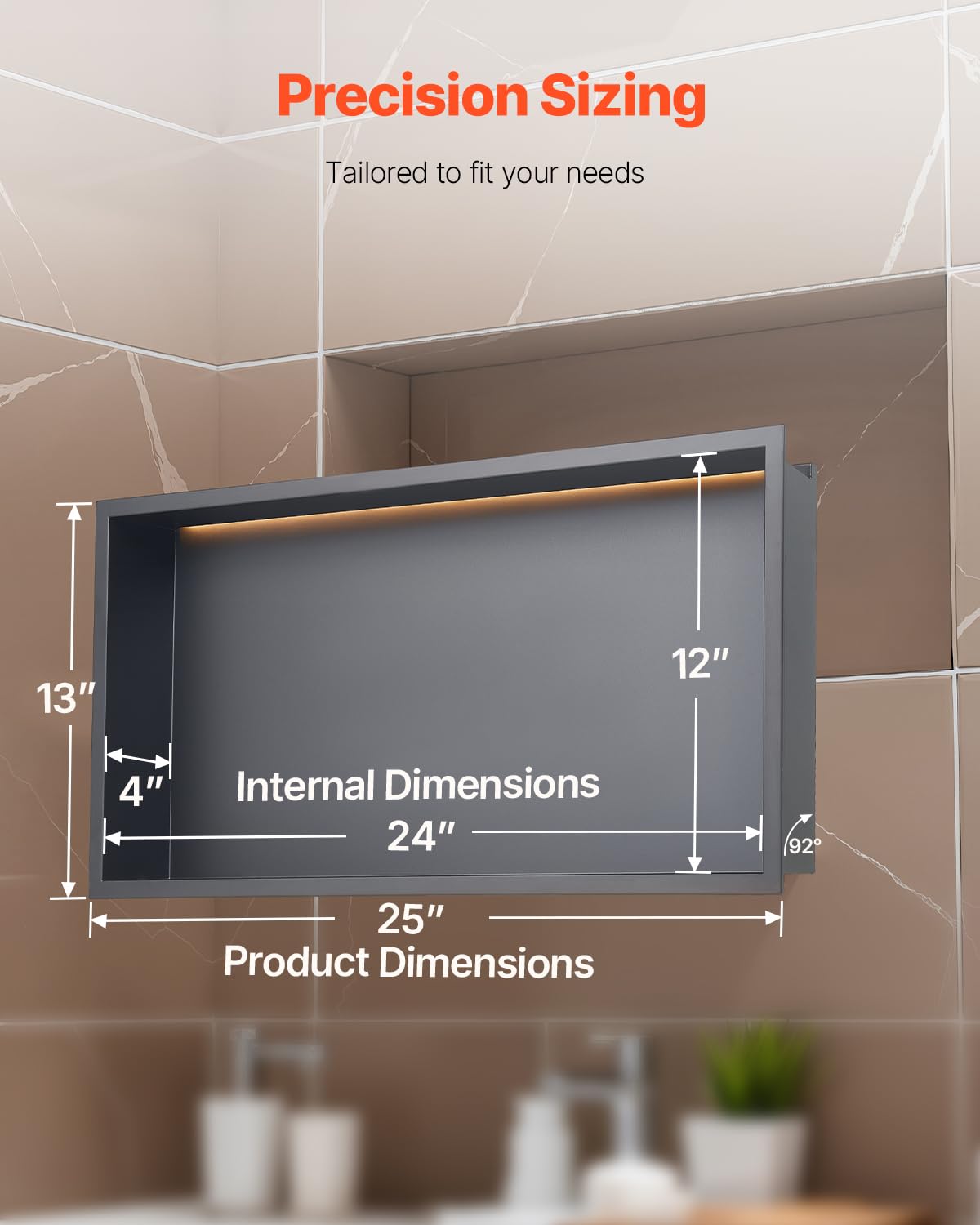 VEVOR Nicho de Ducha Empotrado 33x63,5x10,2 cm Estante Divisor de Pared de Acero Inoxidable Organizador de Jabón y Champú con Tira LED Sellado Impermeable Duradero Fácil de Instalar para Baño, Negro