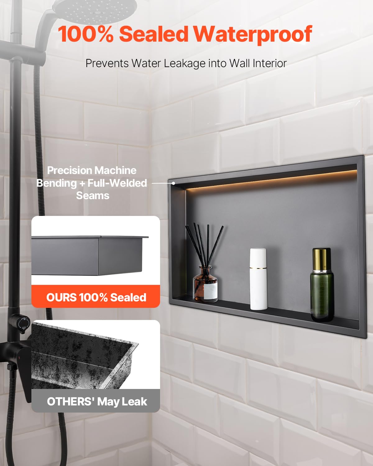 VEVOR Nicho de Ducha Empotrado 33x63,5x10,2 cm Estante Divisor de Pared de Acero Inoxidable Organizador de Jabón y Champú con Tira LED Sellado Impermeable Duradero Fácil de Instalar para Baño, Negro