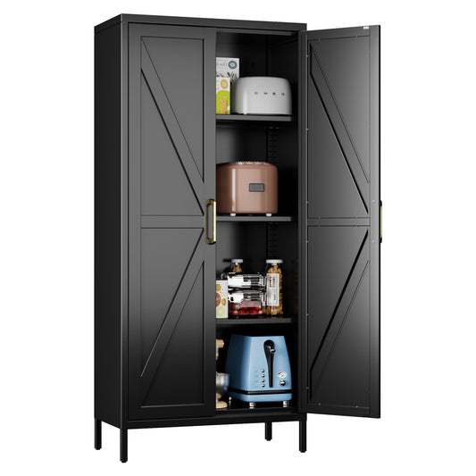 SUPEER Armario Metálico Multiusos con 3 Estantes Regulables, Armario Cocina, Almacenaje, Aparador para Salón, Recibidor 155 x 70 x 35 cm (Negro)