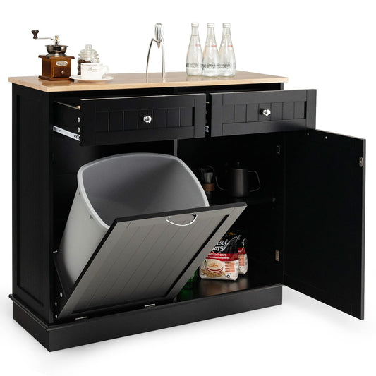 GOPLUS Aparador de cocina ideal para cubo de basura 42L, isla de cocina con 2 cajones, estante ajustable, bandeja de cauchú para comedor, sala de estar, lavandería, cuarto de baño, negro