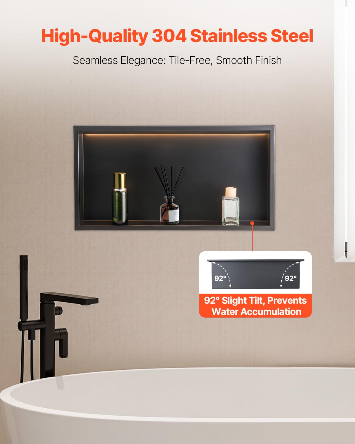 VEVOR Nicho de Ducha Empotrado 33x63,5x10,2 cm Estante Divisor de Pared de Acero Inoxidable Organizador de Jabón y Champú con Tira LED Sellado Impermeable Duradero Fácil de Instalar para Baño, Negro