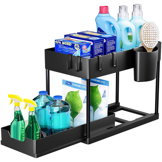 Puricon Estantería Bajo Fregadero con Cajón Deslizante y Ganchos, Organizador para Cocina y Lavabo, Negro
