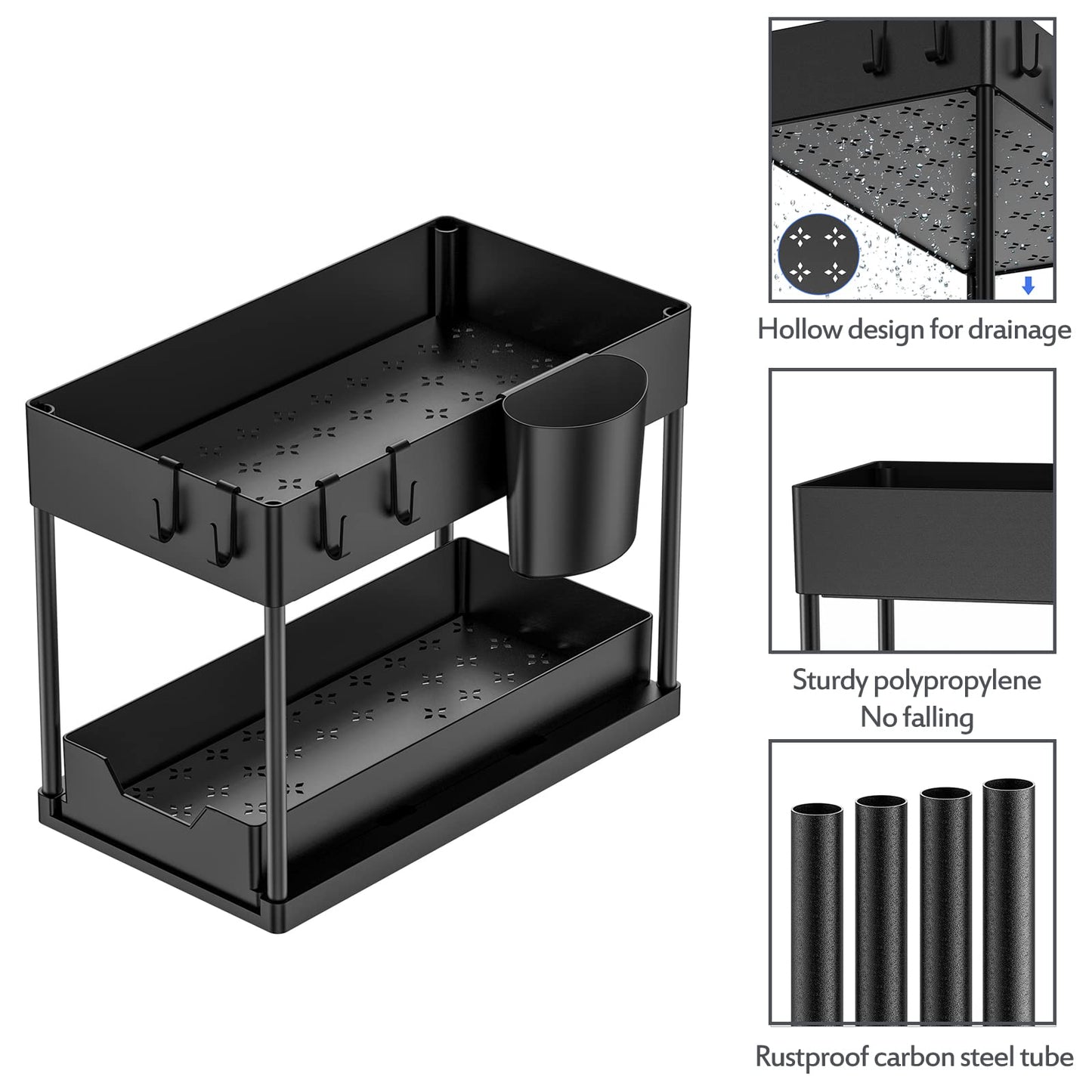 Puricon Estantería Bajo Fregadero con Cajón Deslizante y Ganchos, Organizador para Cocina y Lavabo, Negro