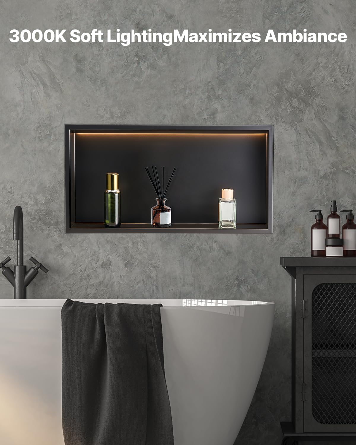 VEVOR Nicho de Ducha Empotrado 33x63,5x10,2 cm Estante Divisor de Pared de Acero Inoxidable Organizador de Jabón y Champú con Tira LED Sellado Impermeable Duradero Fácil de Instalar para Baño, Negro