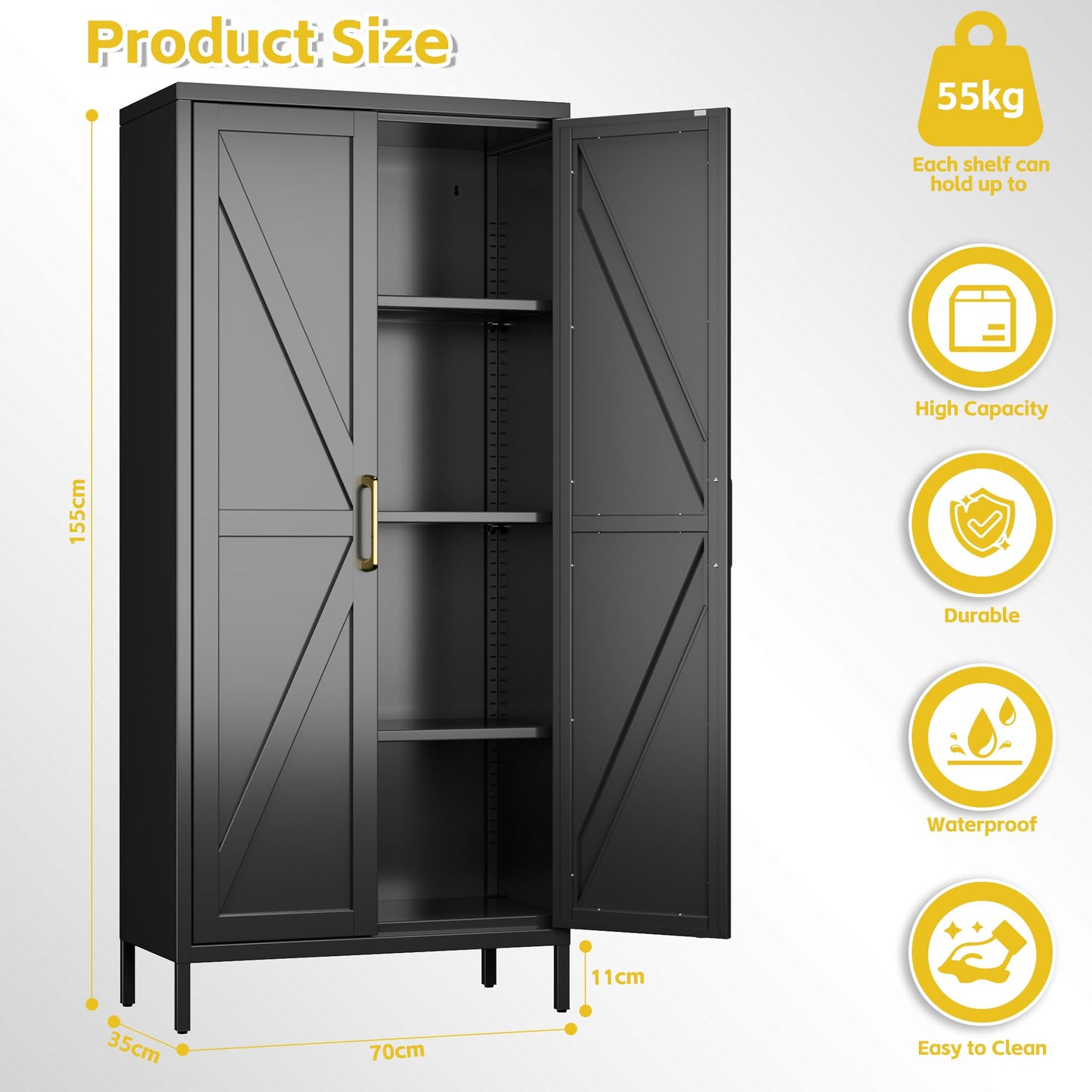 SUPEER Armario Metálico Multiusos con 3 Estantes Regulables, Armario Cocina, Almacenaje, Aparador para Salón, Recibidor 155 x 70 x 35 cm (Negro)
