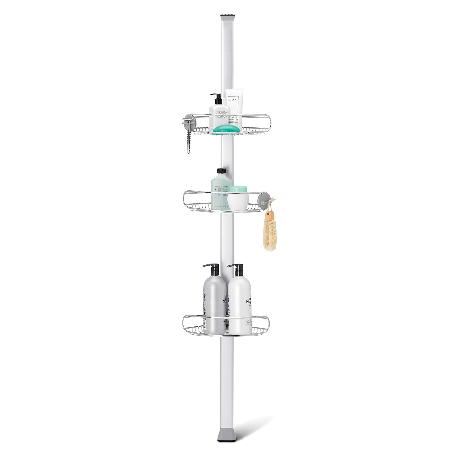 simplehuman BT1109DC - Organizador telescópico de ducha de tensión media, estante esquinero de almacenamiento, se extiende de 1,5 m a 2,4 m, fácil de instalar, sin taladrar, resistente al óxido,