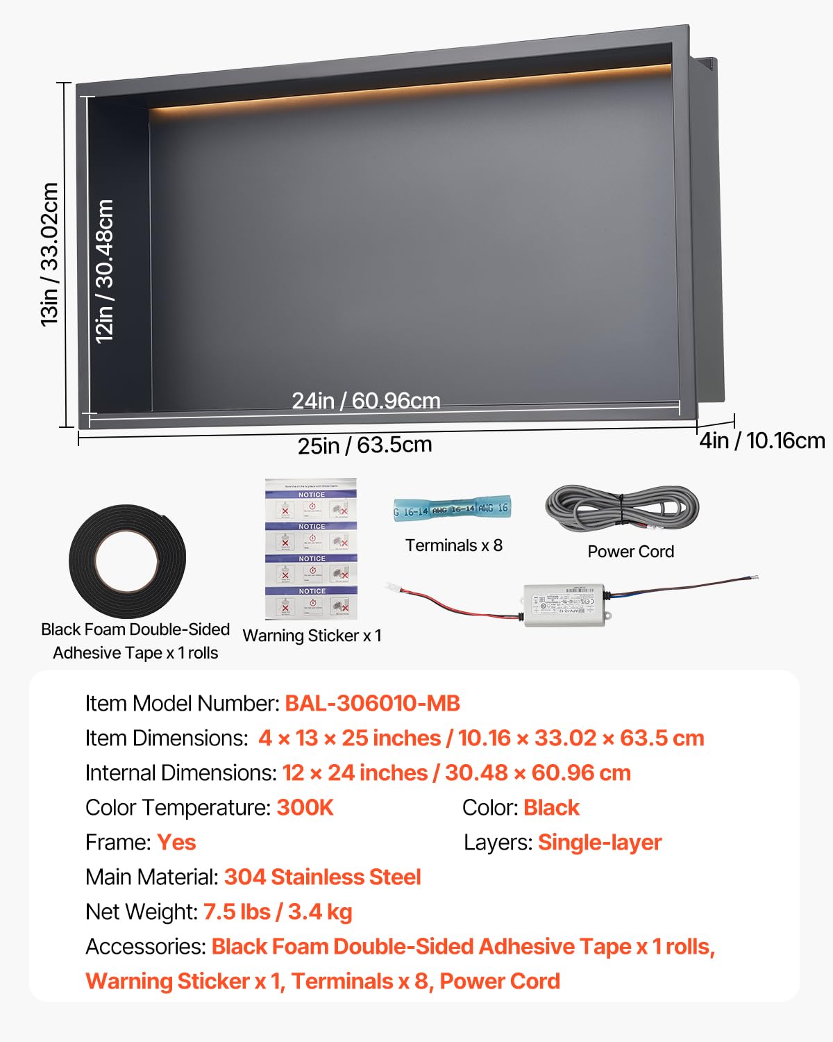 VEVOR Nicho de Ducha Empotrado 33x63,5x10,2 cm Estante Divisor de Pared de Acero Inoxidable Organizador de Jabón y Champú con Tira LED Sellado Impermeable Duradero Fácil de Instalar para Baño, Negro