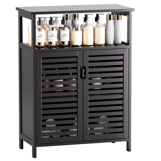 HITNET Mueble Baño de Bambú Madera, Organizador de Almacenamiento Lateral Independiente, Armario de Cocina Pequeño con 2 Puertas y Estante Abierto, Negro