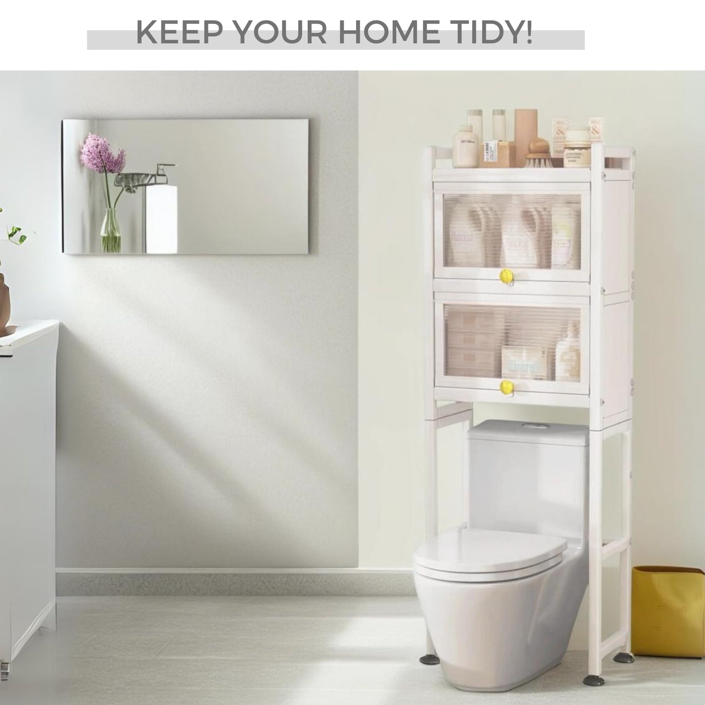 MAGIC SELECT Estantería sobre Inodoro con Puertas Abatibles | Estante de WC Organizador Multiusos | Estantería de Almacenamiento de Baño | Ahorra Espacio con 3 Niveles | Patas Ajustables en Altura.