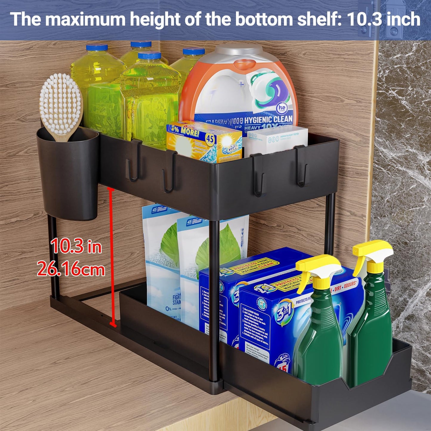 Puricon Estantería Bajo Fregadero con Cajón Deslizante y Ganchos, Organizador para Cocina y Lavabo, Negro