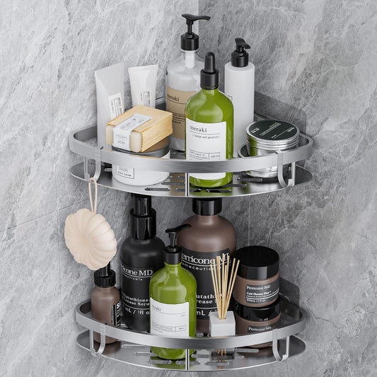 GlasFlength Pack 2 Estanterías Baño Sin Taladro con 4 Ganchos, Antioxidante, Plata