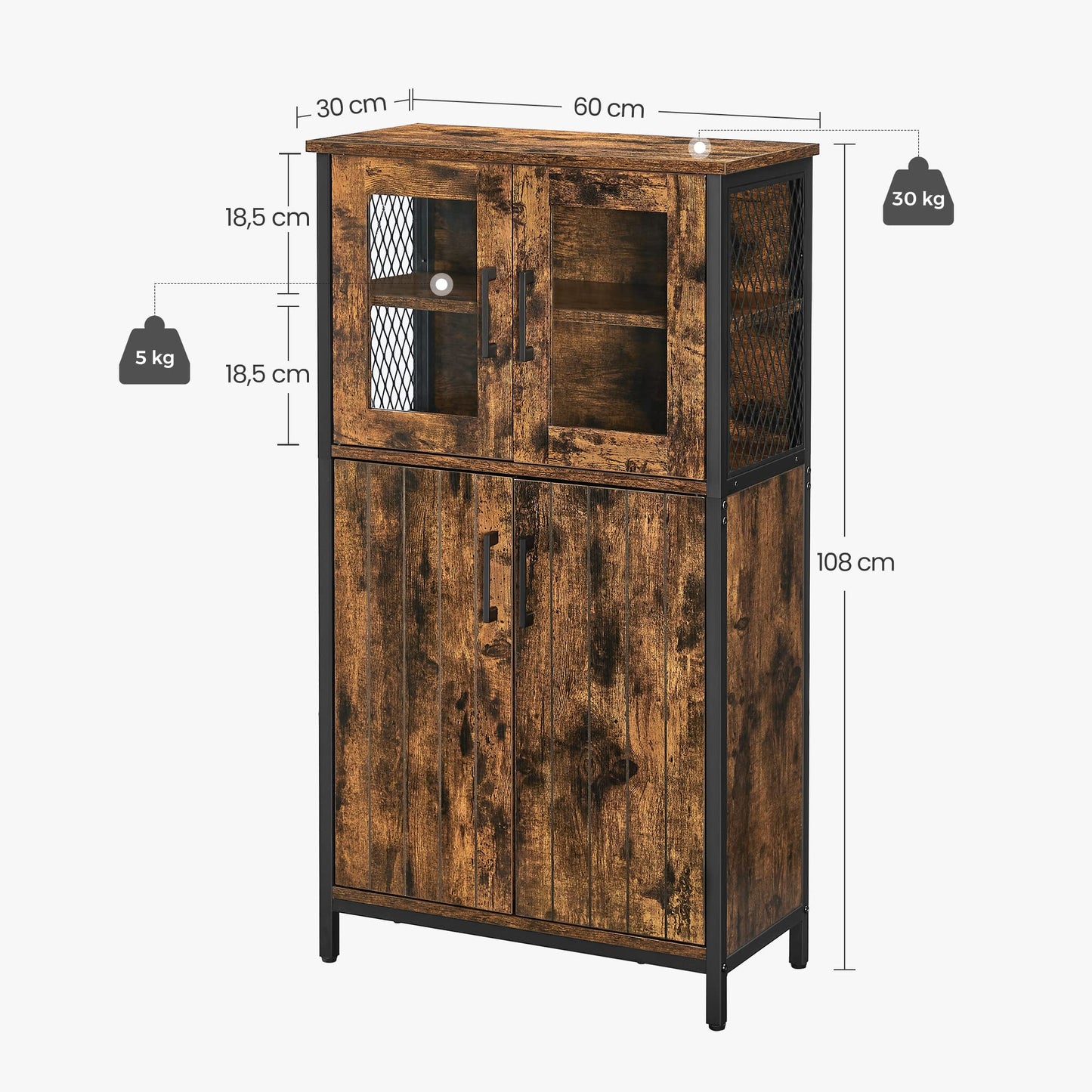 VASAGLE Armario Almacenaje, Armario Aparador, Estante Ajustable, Armario de Baño, Estructura de Acero, para Salón Cocina, Estilo Industrial, Marrón Rústico y Negro LSC260B01