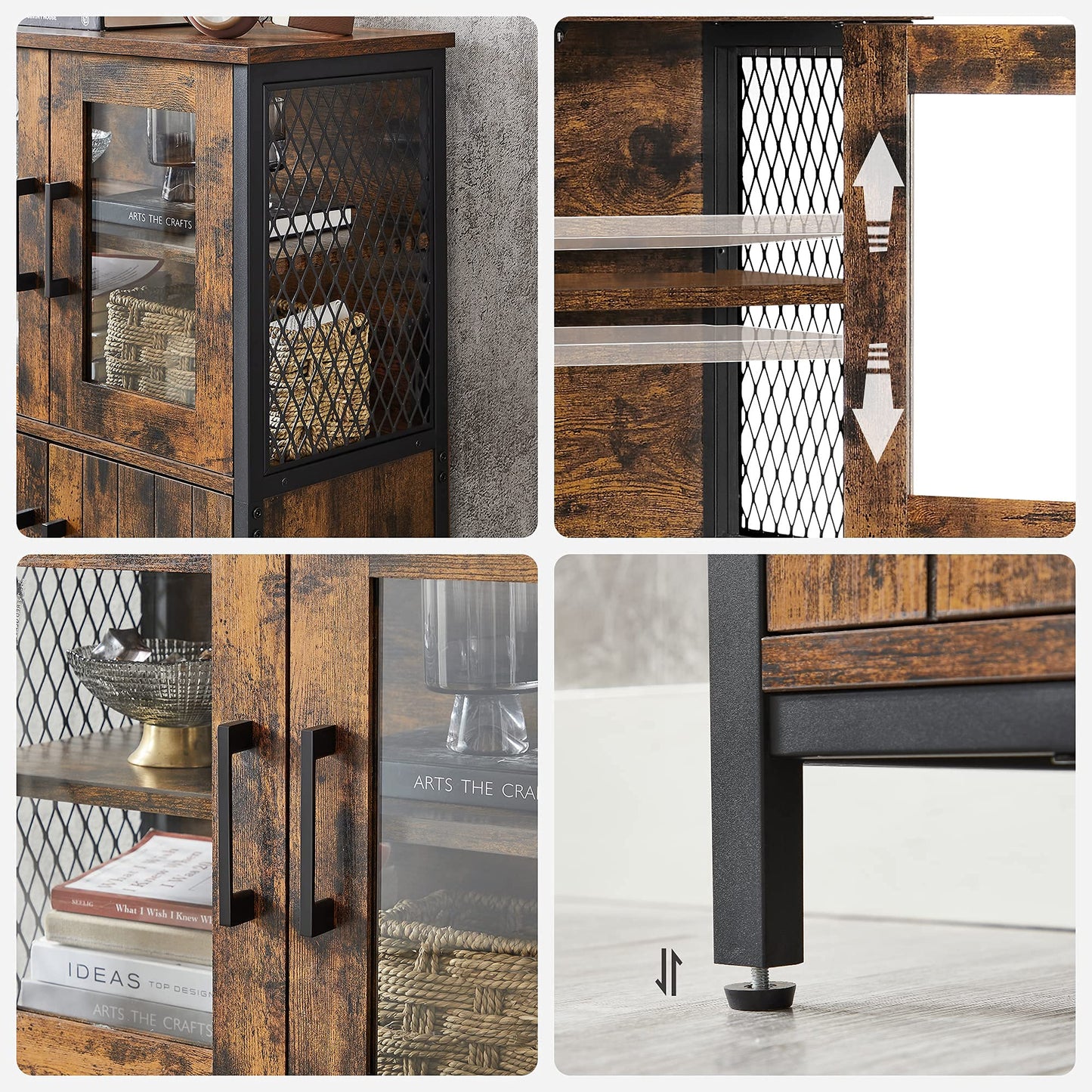 VASAGLE Armario Almacenaje, Armario Aparador, Estante Ajustable, Armario de Baño, Estructura de Acero, para Salón Cocina, Estilo Industrial, Marrón Rústico y Negro LSC260B01