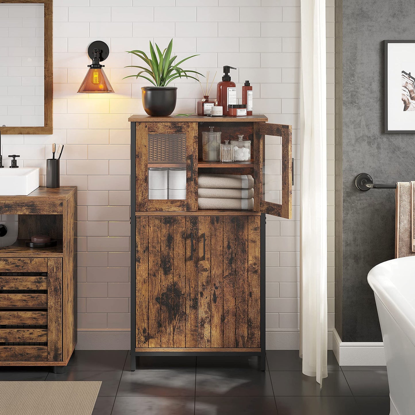 VASAGLE Armario Almacenaje, Armario Aparador, Estante Ajustable, Armario de Baño, Estructura de Acero, para Salón Cocina, Estilo Industrial, Marrón Rústico y Negro LSC260B01